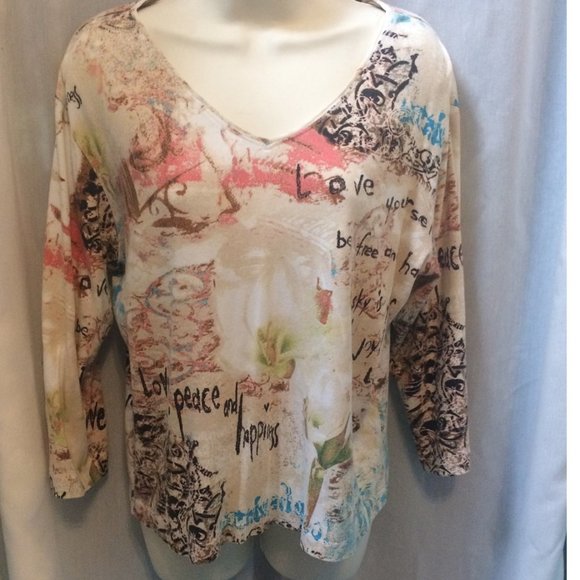 Chico's Love happiness Peace message shirt size 2 US sz Lg - Picture 1 of 5